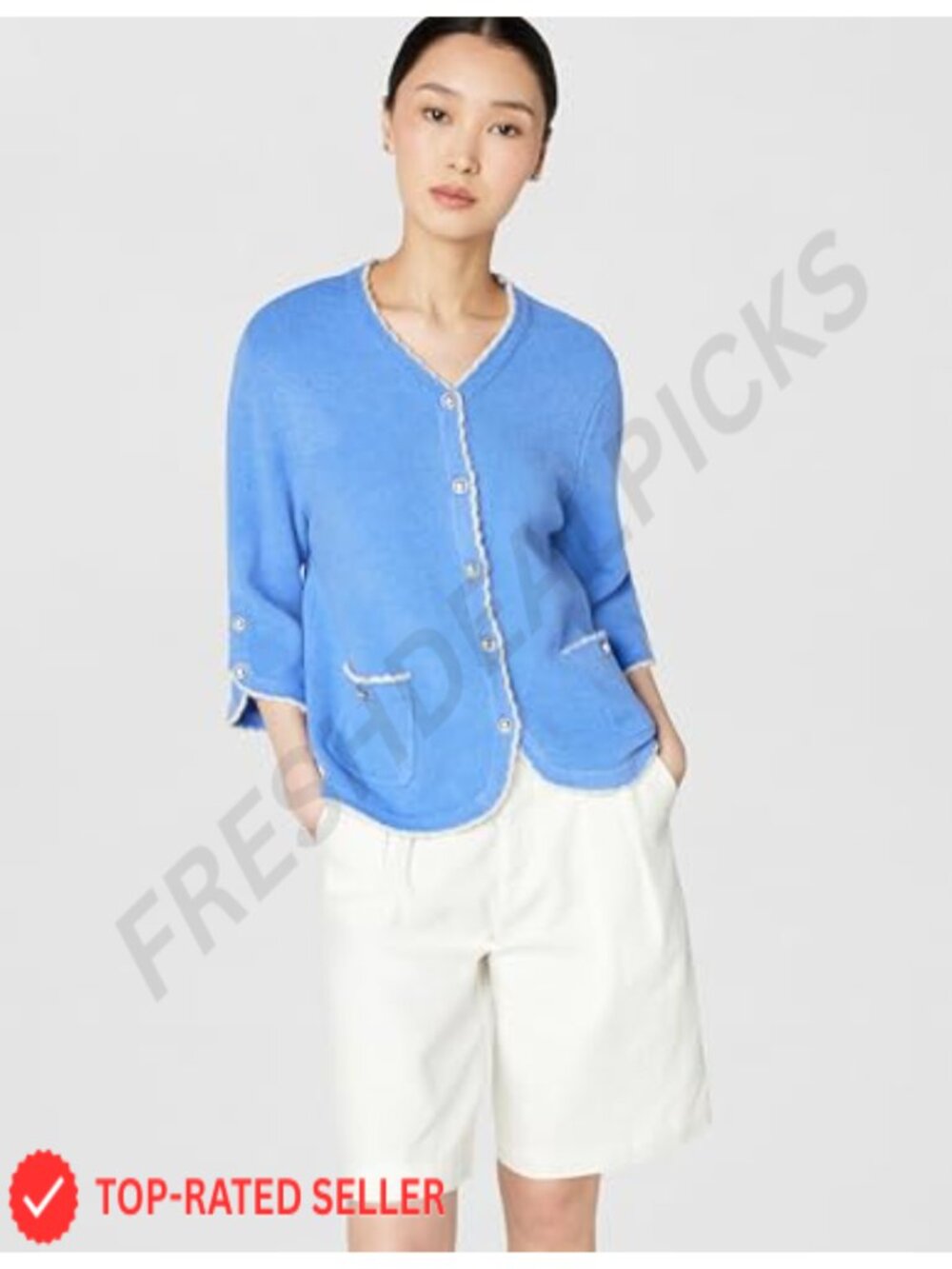Contrast Scallop Trim Cardigan with Feminine Details - Picture 3 of 4